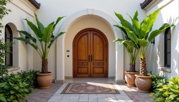 A tropical archway with an elegant wooden door, large trees in side pots, and a rug in the middle. photo
