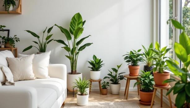 A beautiful array of potted indoor plants arranged around your home. photo