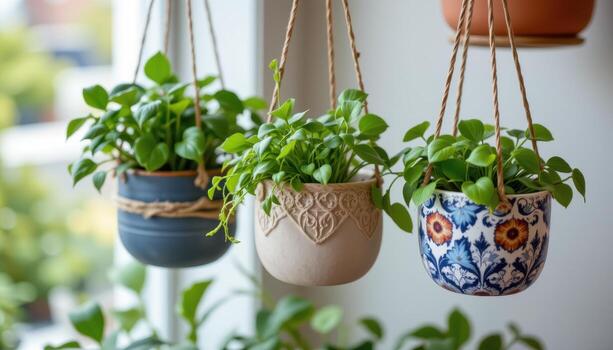 Hanging plants in patterned ceramic containers. photo