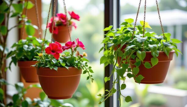 Hanging plants in round and square shaped pots. photo