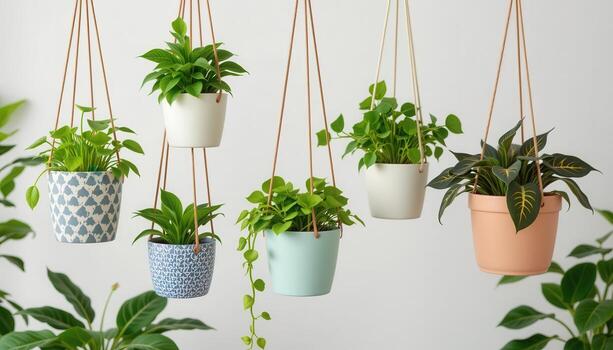 Hanging plants in patterned and plain pots. photo