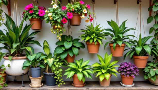 A lush array of tropical hanging plants in rustic pots. photo