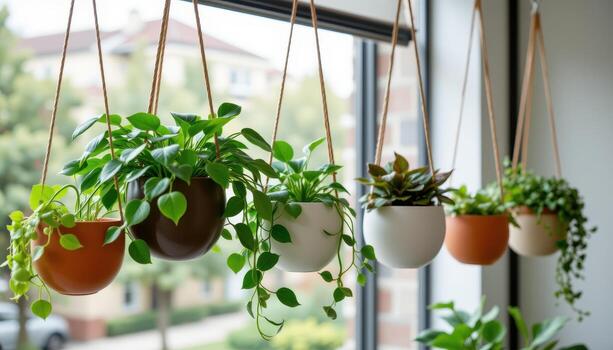 Hanging plants in custom designed modern pots. photo