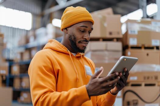 In a bright warehouse, a man in an orange hoodie and beanie scans QR codes on shipping boxes using a tablet. He is focused on the task, showcasing the integration of technology in logistics photo