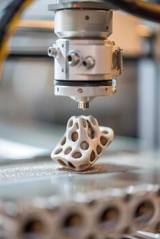 A 3D printer operates in a modern workshop, producing detailed metal components with complex structures. Precision engineering is on full display as the printer builds unique designs photo