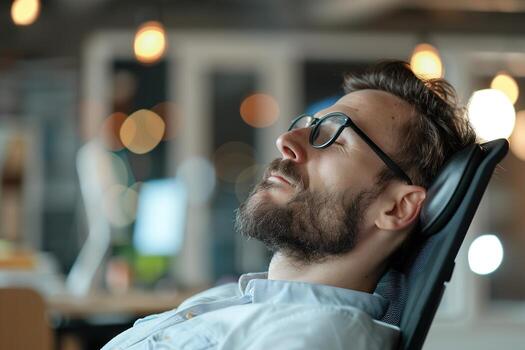 A man takes a break from working on his computer by practicing a breathing exercise. He appears relaxed in a modern office, surrounded by soft lighting and a calm atmosphere photo
