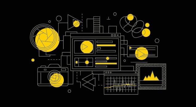 Digital media production concept with camera, screen, and audio visual elements. vector