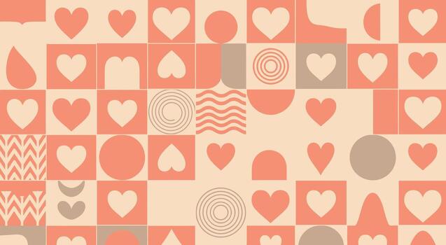 Abstract geometric pattern with hearts and shapes in warm tones. vector
