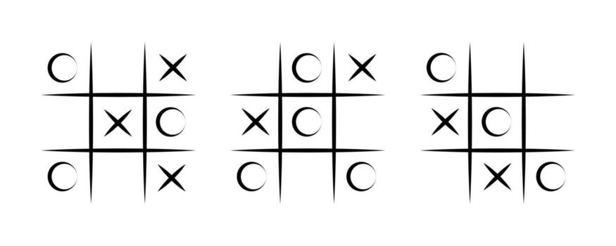 Three tictactoe boards with different game states isolated on white background vector