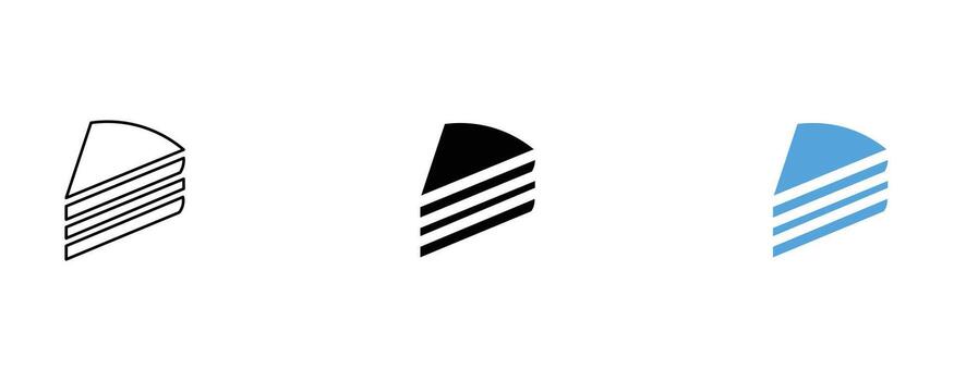 Cake slice icon set isolated on white background in line, solid and flat styles vector