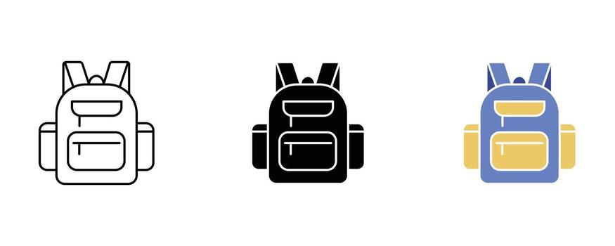 Three backpack icons isolated on white background in different styles and colors vector