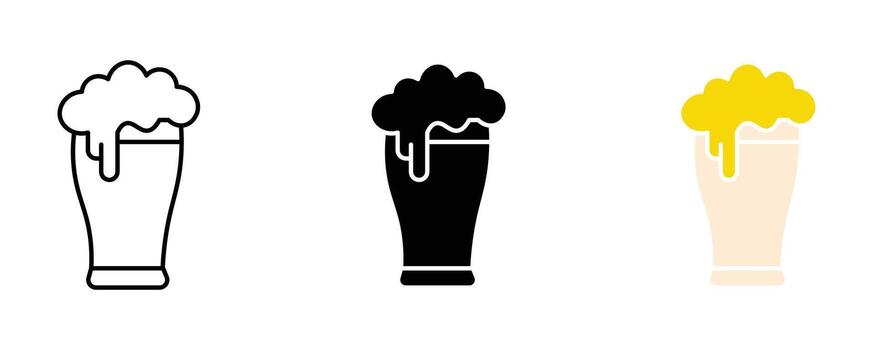 Three beer glass icons with foam isolated on white background in different styles vector