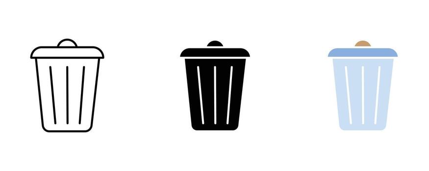 Garbage bin icon set isolated on white background in outline, glyph and color vector