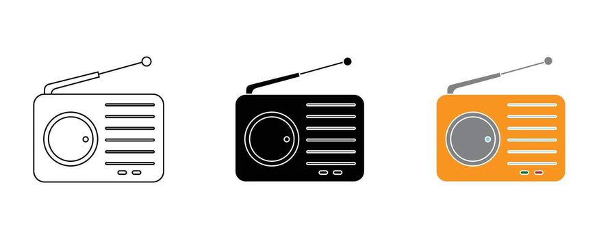 Radio receiver with antenna isolated on white background in three styles vector