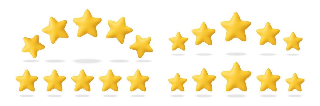 3D star rating. Realistic five stars rate. Yellow star icons for customer review, feedback, good service, game scene for websites and apps. Render gold elements. concept vector