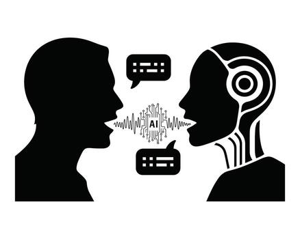 Silhouette of a human and a robot communicating with speech bubbles and abstract text representing artificial intelligence vector