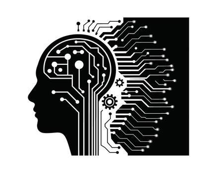 Artificial intelligence human head silhouette with digital circuitry and data flow vector
