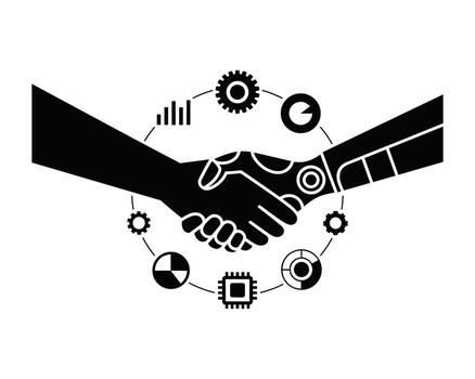 Digital handshake symbolizing technology partnership and business collaboration with interconnected icons vector