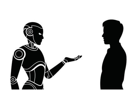 Silhouette of a futuristic robot interacting with a human in a conceptual illustration of artificial intelligence and technology vector