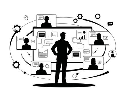Silhouette of a leader overseeing a global network of remote employees and business data on screens vector