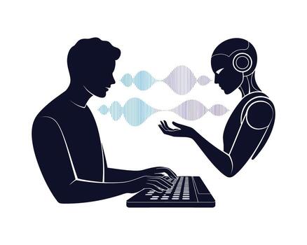 humano y robot interactuando con digital sonido olas representando comunicación y artificial inteligencia tecnología vector