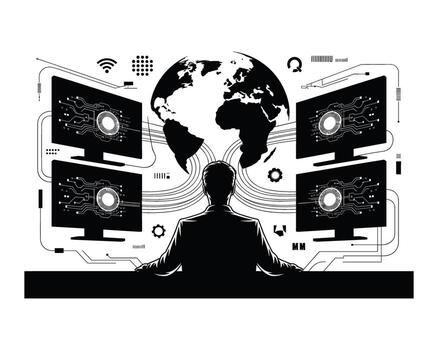 silueta de un persona rodeado por computadora pantallas mostrando datos y un globo simbolizando global conectividad y tecnología vector