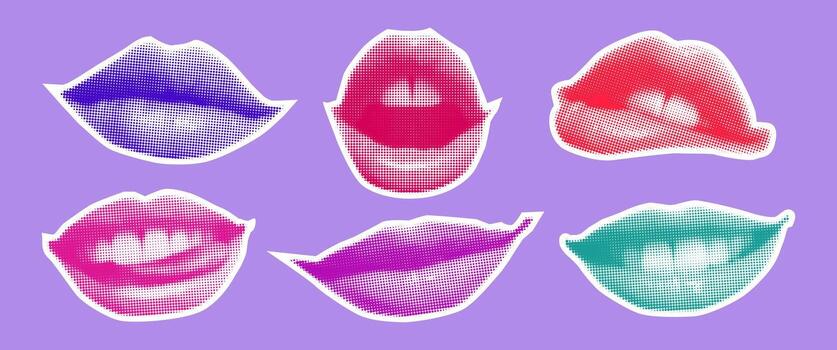 colección de expresivo degradado labios pegatinas multicolor varios expresiones de labios en estilo y2k brutalismo píxel en el lavanda antecedentes vector
