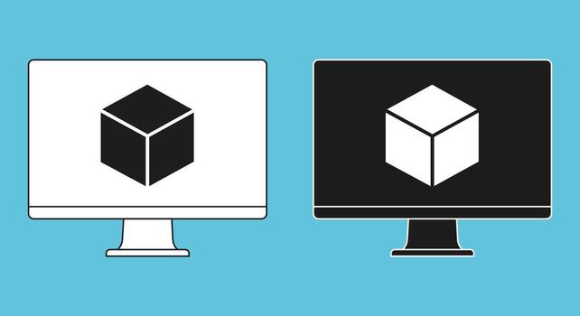 Minimal of paired desktop monitors in light and dark themes with an isometric cube icon. Perfect for tech branding vector