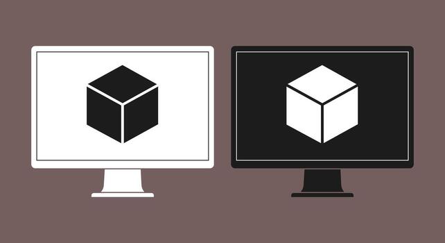 Flat dual monitor mockup with isometric cube icon, light and dark screen variations for UI or logo showcase. vector