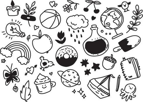 A black and white drawing of various objects vector