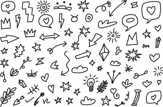 un conjunto de garabatos con varios símbolos y íconos vector