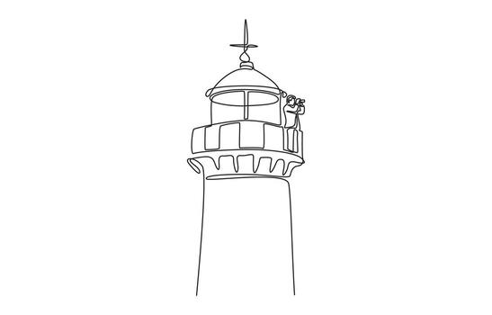 Continuous one line drawing of lighthouse with businessman observing through binoculars, symbolizing business leadership, guidance, and vision, single line art. vector