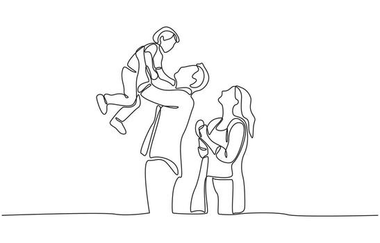 Continuous one line drawing of father lifting his child while mother lovingly watching them, symbolizing love, unity, happiness, and the unbreakable bond shared within family, single line art. vector