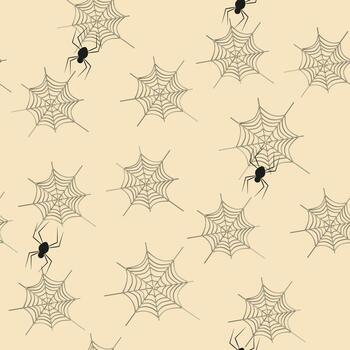 A seamless pattern with hand-drawn spider webs and spiders. Suitable for backgrounds, wallpaper, invitations, wrapping paper, and napkins. vector