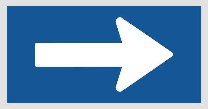 White arrow pointing right on a solid blue background with gray border direction symbol vector