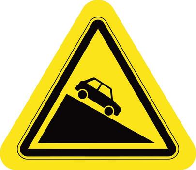 Yellow triangular warning sign with black car silhouette on a steep incline triangle vector