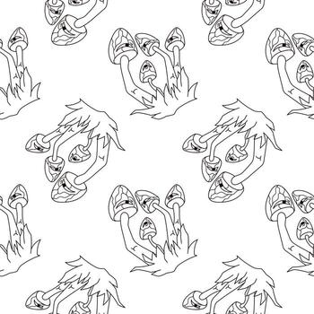 sin costura modelo con psicodélico seta personaje en un blanco antecedentes en maravilloso línea Arte estilo. vector