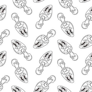 Seamless pattern of mushroom with dripping shape on white background. Groovy line art style psychedelic and playful design. vector