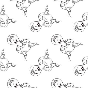 sin costura modelo con maravilloso diablo seta con sonriente cara y cuernos en blanco antecedentes en maravilloso línea Arte estilo. vector