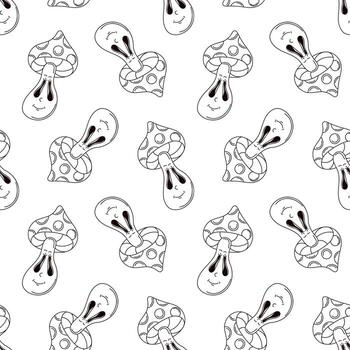 sin costura modelo de maravilloso línea Arte estilo seta con sonriente cara en blanco antecedentes. juguetón y caprichoso diseño para paño. vector