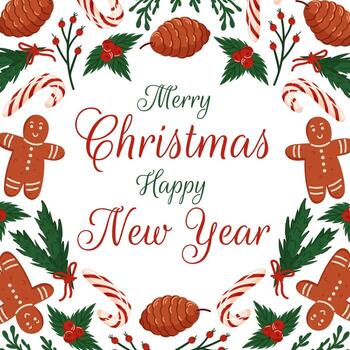 Christmas greeting card with text. Design with gingerbread man, candy cane, pinecone, holly berry and evergreen branch in flat style. Design for bakery. vector