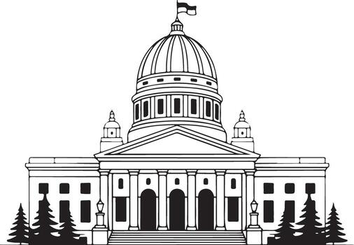 Architectural drawing of a grand dome building with columns and trees vector