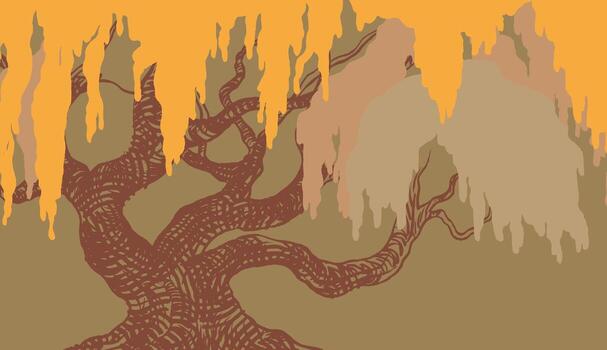 Expressive hand-drawn illustration of a weeping willow tree with dense, textured branches and flowing, autumnal foliage. Rich brown and gold tones create a moody, organic, or fall-themed background. vector