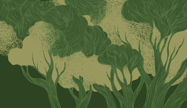 Layered hand-drawn forest in deep and pale green tones. Features dark tree trunks with textured wood grain and light foliage with stipple texture, creating a rich, organic nature background. vector