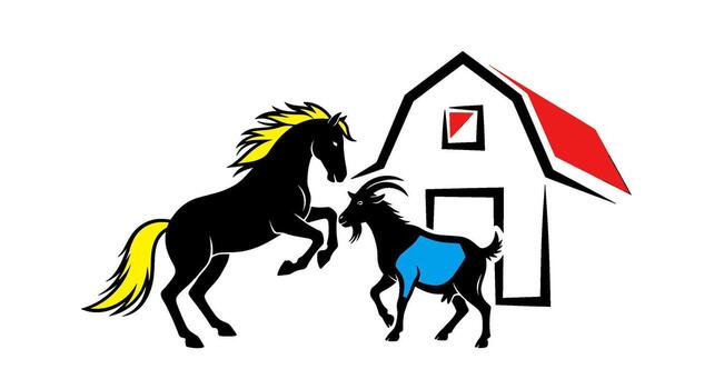 Stylized horse rearing up with a goat standing in front of a barn creating a rural farm scene with a playful and whimsical concept vector