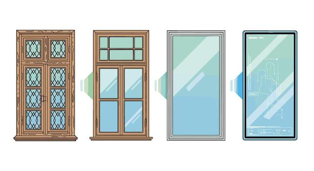 Evolution of windows showcasing traditional wooden frames transitioning to modern glass and smart technology displays in a bright minimalist setting vector