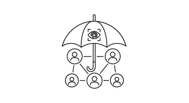 Network of people under an umbrella with an eye symbolizing data protection and privacy in a connected world conveying security and trust vector