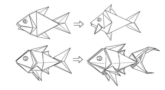 Origami fish transforming in a minimalist style showcasing the evolution of design with a creative and geometric approach symbolizing transformation vector