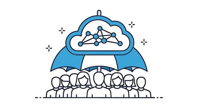 Group of people protected by cloud computing under an umbrella symbolizing data security and privacy in a digital and interconnected environment vector