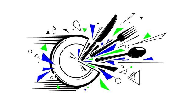 Dynamic cutlery set bursting with energy on a white background conveying a modern and vibrant dining experience with abstract geometric shapes vector